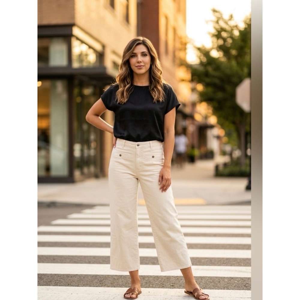 Michael Kors Selma Crop‎ Pants 16 Bone New Wide Leg High Rise Gold Button Sailor